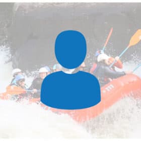 Adventure Office Software logo of blue outline of a client with whitewater rafters in background